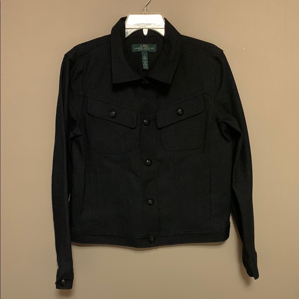 LRL Lauren Jeans Co Ralph Lauren Black Metallic Large Trucker Denim Jacket